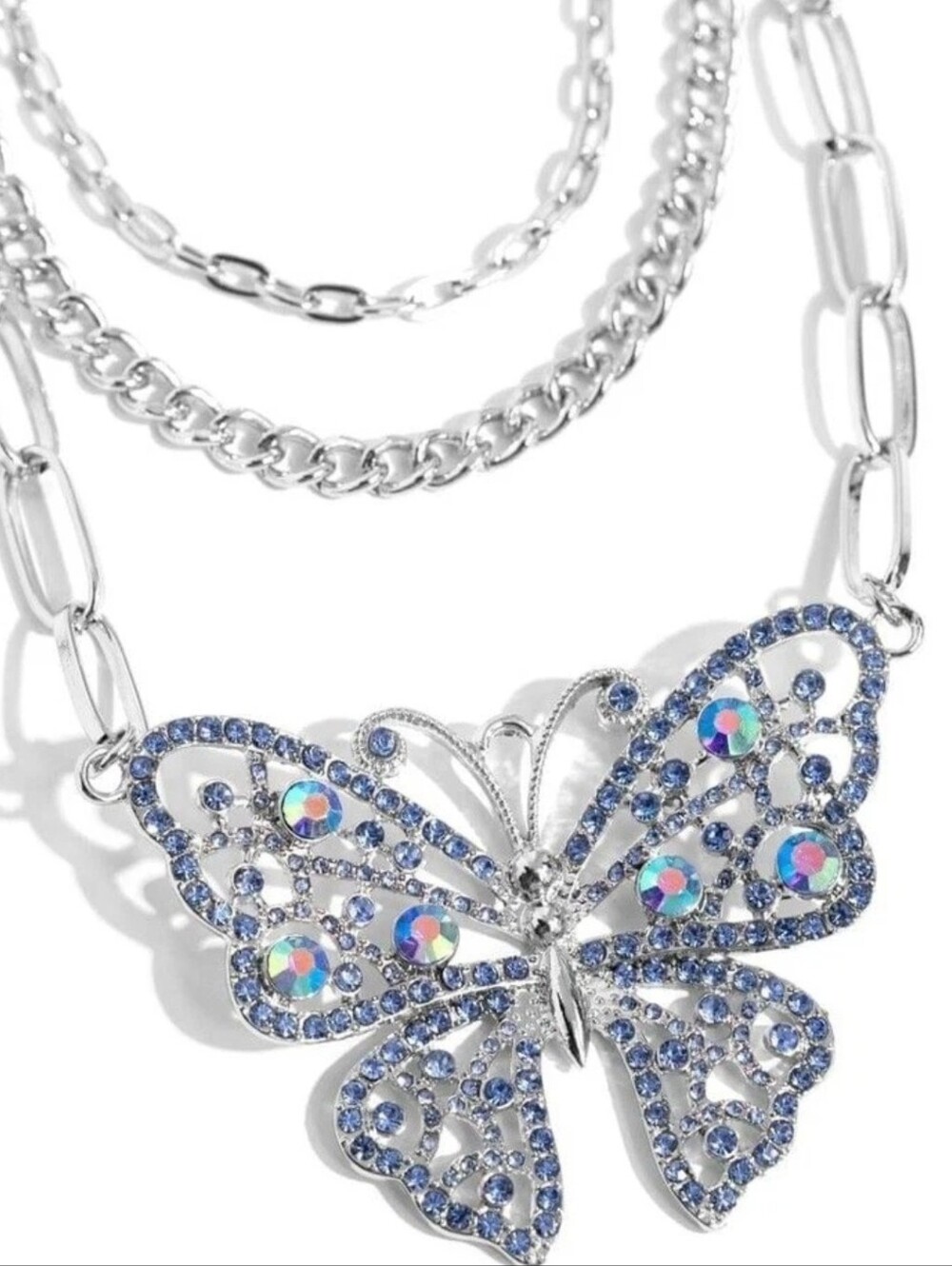 Silver Butterfly Necklace with Blue and Iridescent Crystals